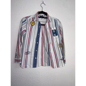 Tommy Hilfiger Kids Multicolor Stripe Button Up Shirt Fun Patches Size M 8 10